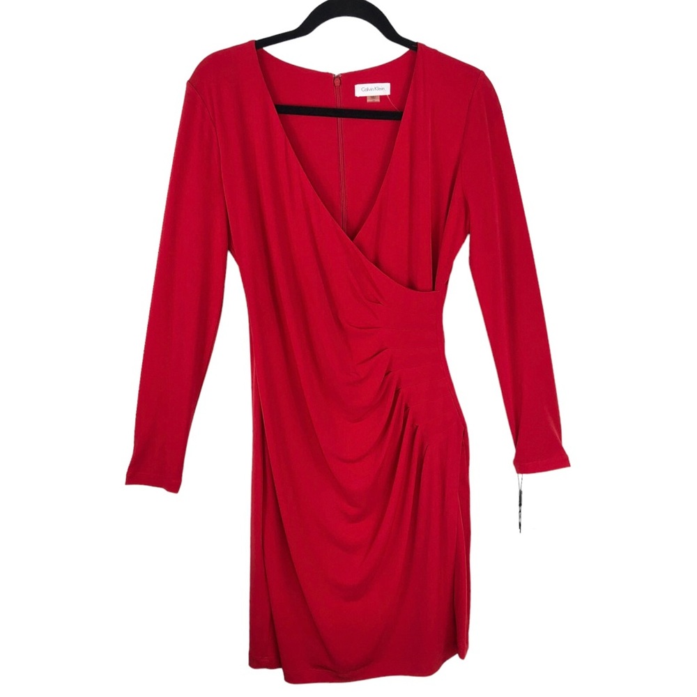 🆕 Calvin Klein Red Ruched Faux Wrapped V-Neck Dress